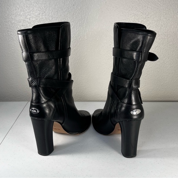 Coach Womens 9 Alexandra Black Leather Mid Calf Heeled Boots Buckle Booties - Picture 6 of 13